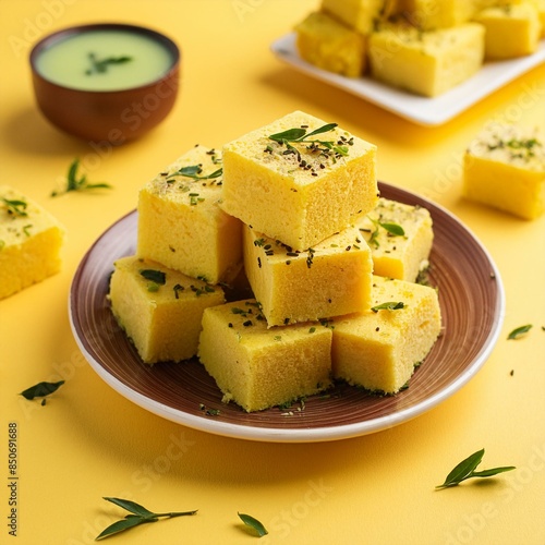 Indian traditional gujarati street food khaman dhokla on yellow background photo