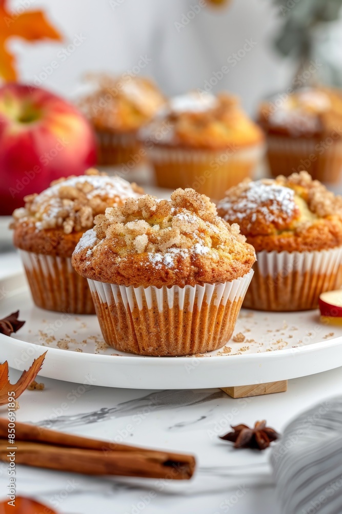 Freshly Baked Apple Cinnamon Muffins With Powdered Sugar on a White Plate Freshly Baked Apple Cinnamon Muffins With Powdered Sugar on a White Plate