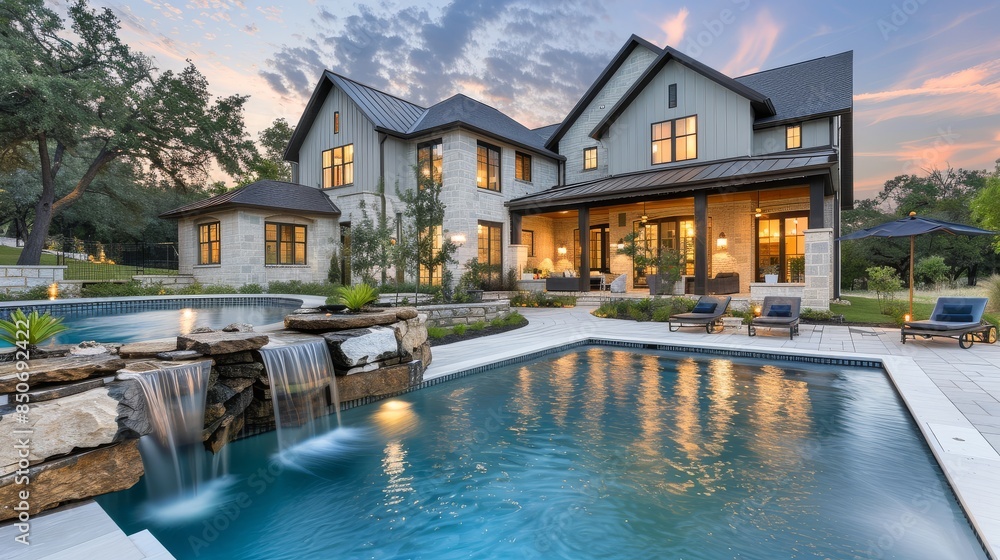 Obraz premium Contemporary Farmhouse with Infinity Pool and Water Feature in Backyard