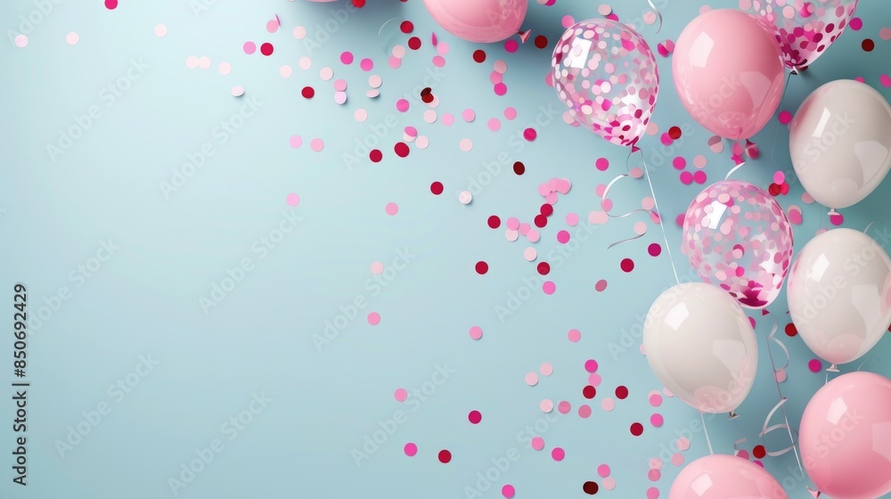 Celebration banner with pink confetti and balloons.