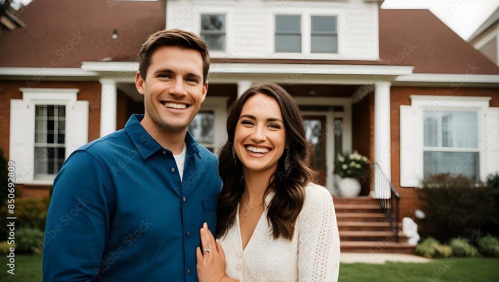 portrait of smiling happy couple in front of house portrait of smiling happy couple in front of house
