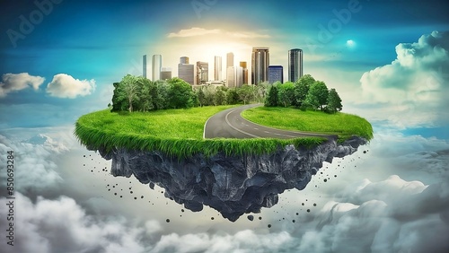 Flying land with beautiful landscape, green grass and road and modern city. 3d illustration of floating forest island isolated with clouds