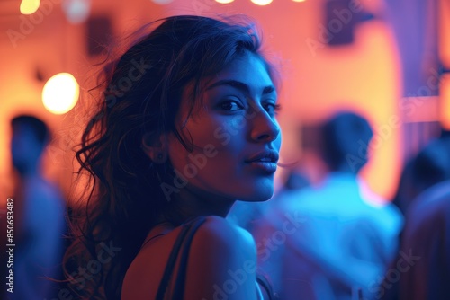 Smiling Woman Enjoying Nightlife with Colorful Party Lights in the Background © dashtik