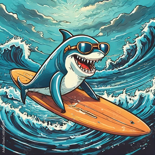  t-shirt design, Cool Shark riding on top of surfboard with sunglasses, simple vector illustration,