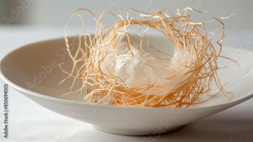 An intricate dish of cotton candy designed to resemble a delicate bird nest The nest is placed on a simple white dish in a sophisticated restaurant The lighting is gentle and natural photo