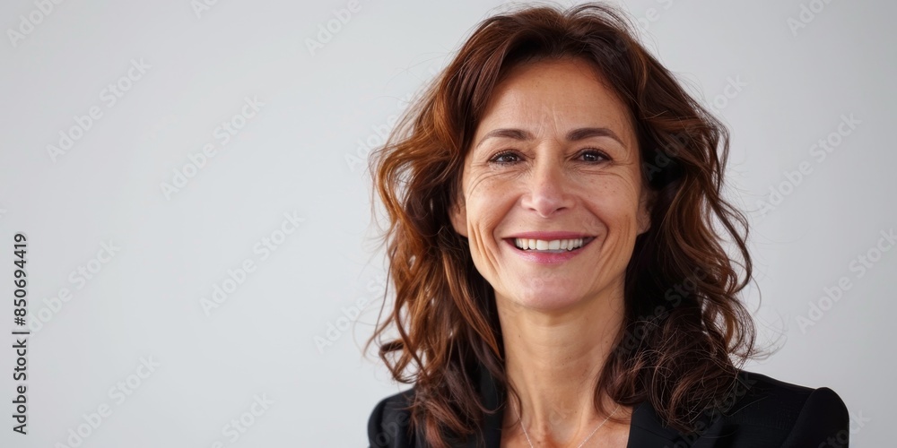 Naklejka premium Portrait of a Smiling Mature Black-haired Businesswoman Looking at the Camera on a White Background. Representing Business Success and Professionalism in High-Resolution AI-Generated Wallpaper