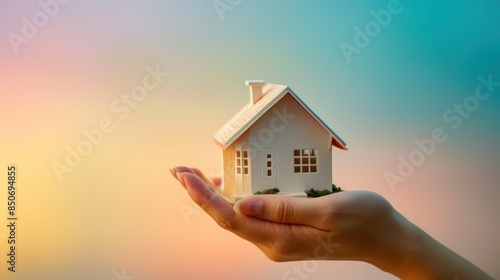 Hand holding a small house model in focus against a serene gradient background, perfect for conveying the concept of securing a home. 