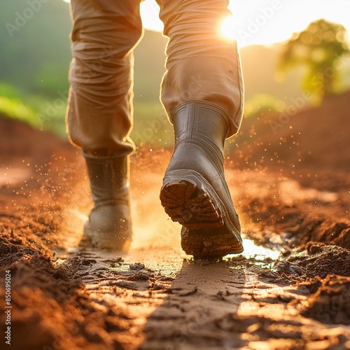 person wearing work boots kicking up dirt on a dirt path at sunset