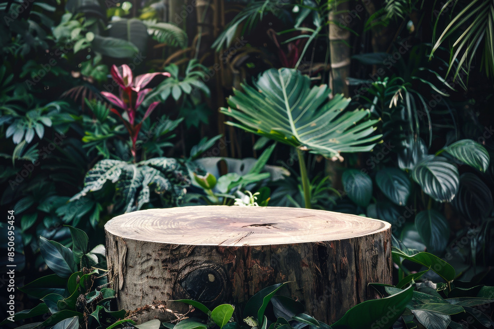 Empty tree trunk offering natural showcase surrounded by lush green foliage Empty tree trunk offering natural showcase surrounded by lush green foliage