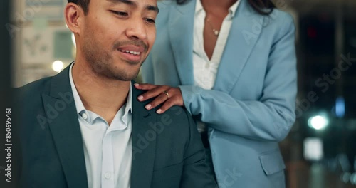 Business people, flirt and night with touch at office for love, affair or relationship at workplace. Closeup of businessman with colleague or mistress for embrace, affection or corporate marrage