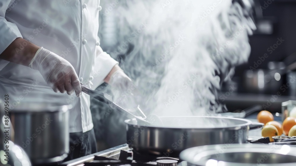 A chef is cooking food in a kitchen with steam coming out of the pan A chef is cooking food in a kitchen with steam coming out of the pan