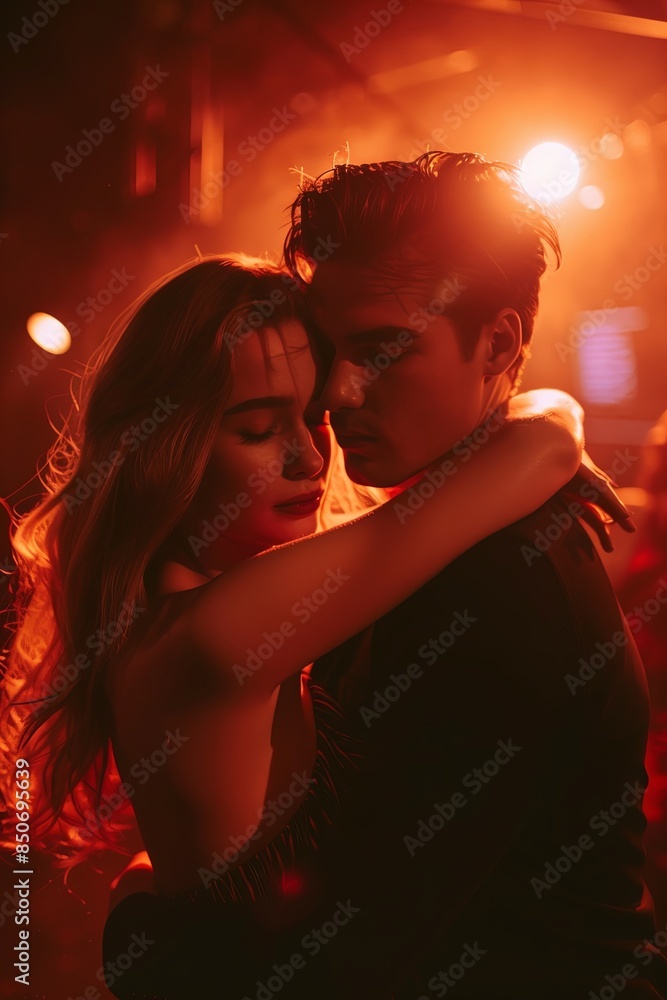 Sexy man hugs a beautiful girl dancing in a nightclub close-up. Portrait of a young sensual couple posing in the spotlight. Passionate tender lovers demonstrating desire move together in the lighting. Sexy man hugs a beautiful girl dancing in a nightclub close-up. Portrait of a young sensual couple posing in the spotlight. Passionate tender lovers demonstrating desire move together in the lighting.