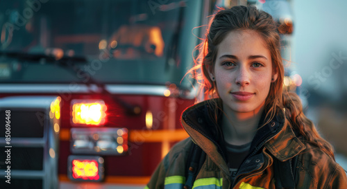 Portrait of a young female firefighter standing in front of a fire truck