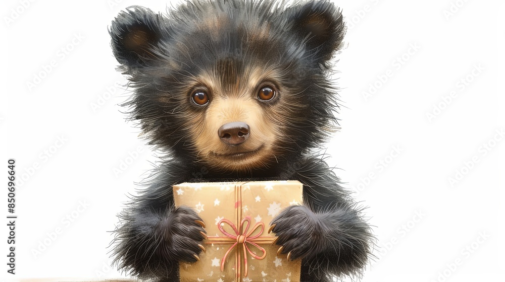Obraz premium This delightful image captures a teddy bear cub presenting a gift box with a pink ribbon, a universal symbol of affection