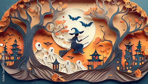 Halloween festival elements such as carved pumpkins (jack-o'-lanterns) with eerie faces