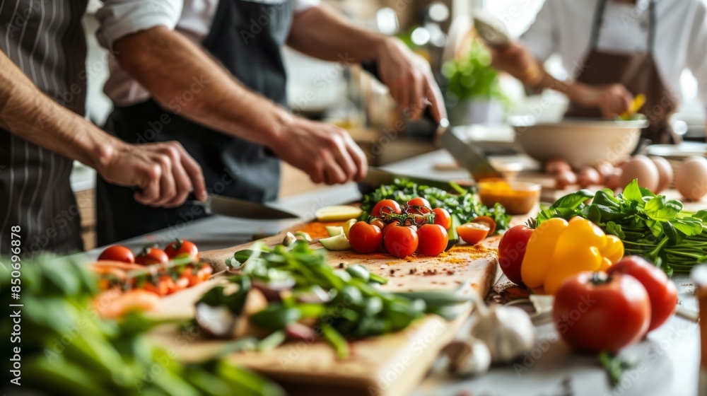 A group of people are preparing food on a wooden cutting board A group of people are preparing food on a wooden cutting board