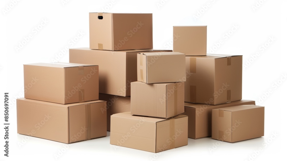 Neatly Stacked Cardboard Boxes Ready for Unpacking on White Background Neatly Stacked Cardboard Boxes Ready for Unpacking on White Background