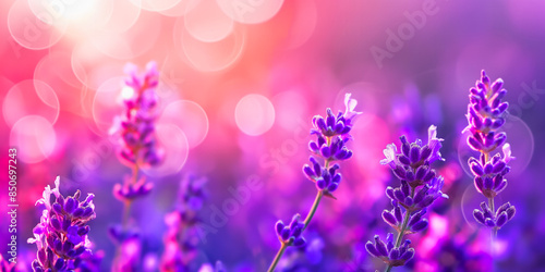 Fragrant lavender flowers blooming in a picturesque meadow, bathed in soft sunlight. A beautiful background for design projects, advertisements, and seasonal themes.. Text space
