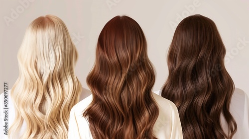 The photo shows three women with long wavy hair standing with their backs to the camera. Each of them has hair of different colors: blond, red and brunette. Hair looks healthy and shiny