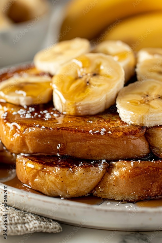 Close Up of Sweet French Toast With Banana Slices and Syrup Close Up of Sweet French Toast With Banana Slices and Syrup