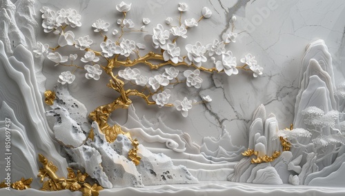 3D relief background, white and gold colors, landscape with a tree of life, mountain range in the style of Chinese art small trees in the foreground, white flowers