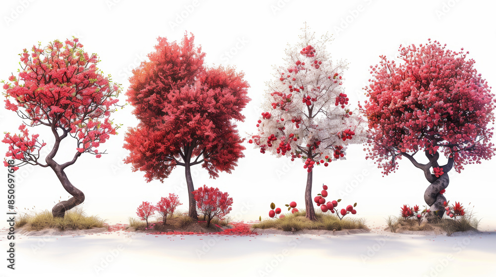 Fototapeta premium Highly Detailed Ultra-Realistic Images of Various Trees: Cotidores with Red Flowers, Pomegranate, Rowan with Red Berries, and Apple with Red Apples, Isolated on White Background, High Resolution for D