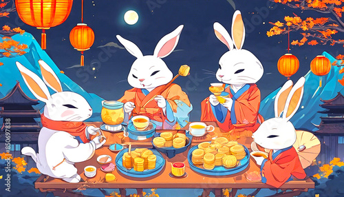 Happy mid-autumn festival 2024. rabbits and abstract illustration background