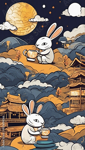Happy mid-autumn festival 2024. rabbits and abstract ilustration background