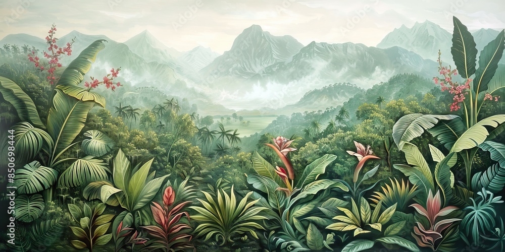 Fototapeta premium Colorful tropical rainforest. palm leaves and other plants. Aloha textile collection. Tropical forest with dense vegetation of trees, shrubs and vines. AI generated illustration