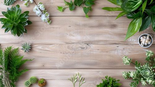 Natural Wooden Table with Green Foliage and Succulents Decorated