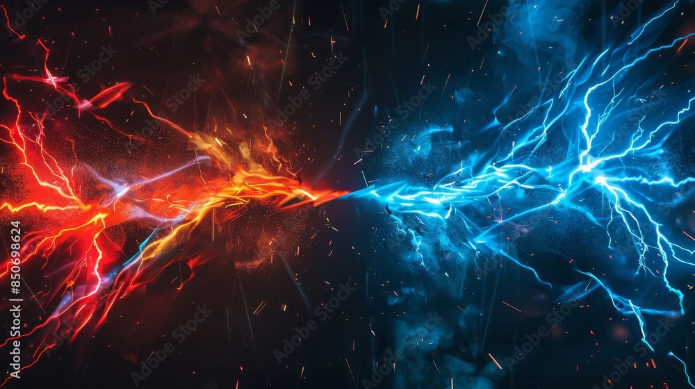 Obraz premium Dynamic clash of red and blue electrical lightning bolts, symbolizing energy and power in a vibrant abstract background.