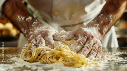 Skilled Chef Kneading Dough on Flour-Covered Surface in Traditional Bakery