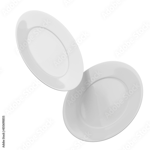 Two flying clean white dish isolated white background photo