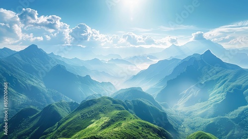Clean air environment with a clear blue sky over lush mountains, promoting wellness and purity