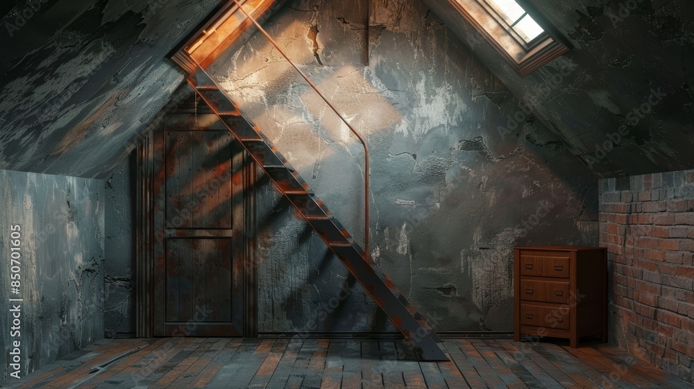 Attic with open hatch and folding metal stairs, detailed and intricate ...
