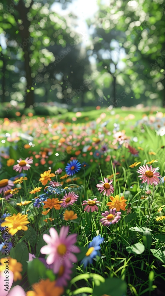 Fototapeta premium Enchanting Wild Flowers in Sunlit Forest. Floral Background