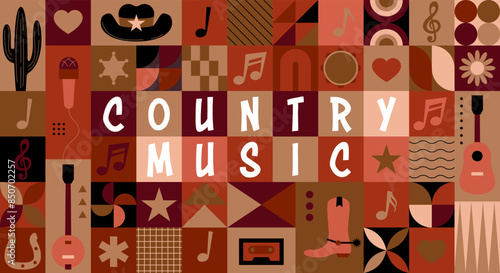 Country music sign. Cowboy hat with country music. Poster of country live music festival. Concert banner template with guitar and cowboy hat western style. Symbols of country music