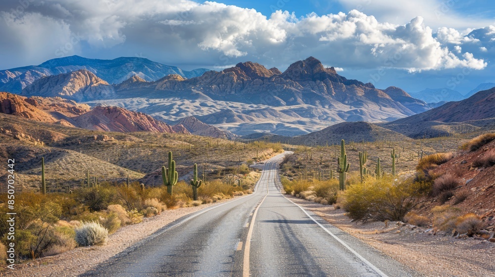 Scenic desert road trip, flourishing cacti and timeless sandstone formations, sandstorm enhancing the adventure vibe, travel imagery Scenic desert road trip, flourishing cacti and timeless sandstone formations, sandstorm enhancing the adventure vibe, travel imagery