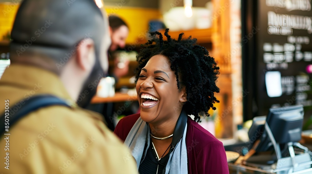Smiling female customer interacts warmly with cheerful barista in a cozy coffee shop setting. Smiling female customer interacts warmly with cheerful barista in a cozy coffee shop setting.