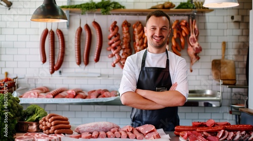 Obraz na płótnie Salesman in butchery stands in a shop for meat and sausage w salonie