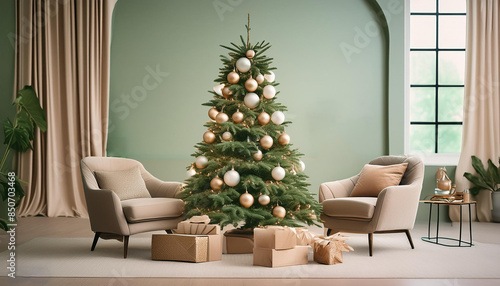 Christmas Tree with Decorations and gifts; winter holidays; new year