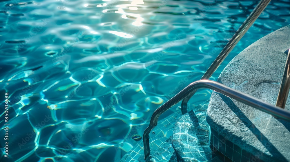 Detailed corner view of a swimming pool, water pump operating, clear blue water, serene environment, sunlit Detailed corner view of a swimming pool, water pump operating, clear blue water, serene environment, sunlit