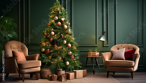 Christmas Tree with comfortable armchair Decorations , winter holidays, Marry Christmas 2024