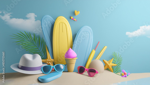 summer theme 3d background includes ice-cream cone, surfing board, hat, heart shape glasses lifestyle