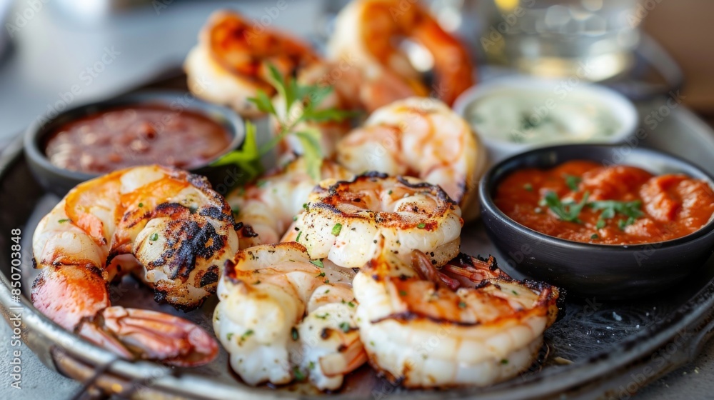 Close-up of a seafood platter with crab cakes, grilled prawns, and scallops with dipping sauces Close-up of a seafood platter with crab cakes, grilled prawns, and scallops with dipping sauces