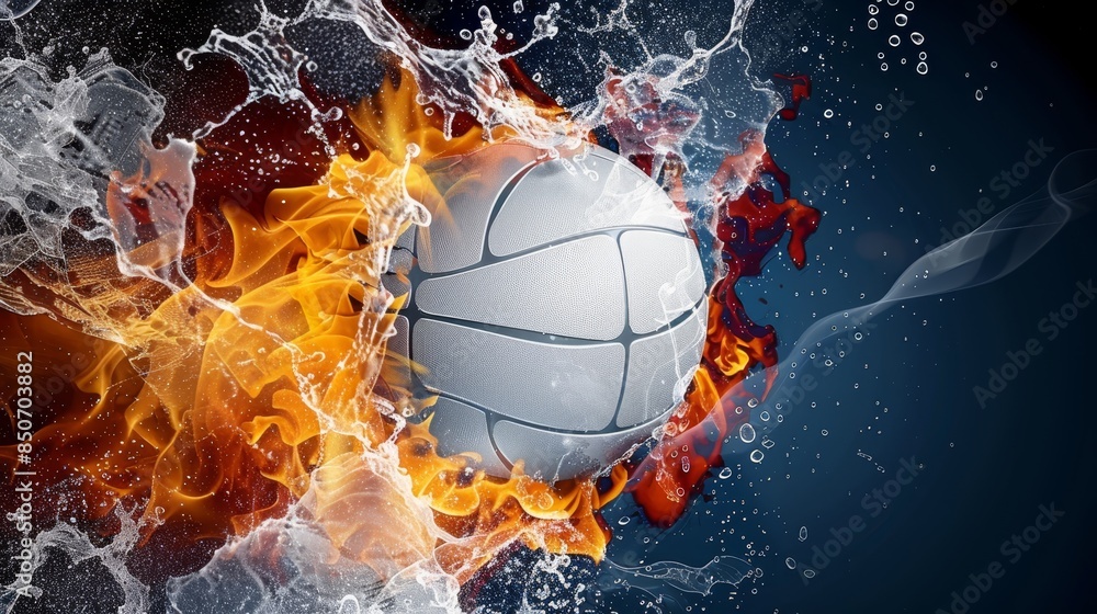 Dynamic volleyball engulfed in flames and splashes of water, symbolizing intense competition and dynamic action in sports. Dynamic volleyball engulfed in flames and splashes of water, symbolizing intense competition and dynamic action in sports.