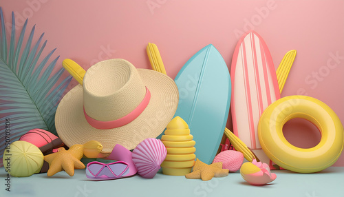 Summer theme 3D background includes ice-cream cone, surfing board, hat, heart shape glasses