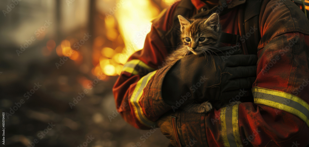 A firefighter cradling a kitten in their hands, walking away from a burning structure A firefighter cradling a kitten in their hands, walking away from a burning structure