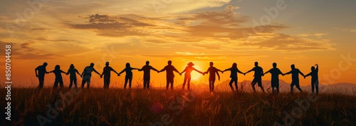 Silhouettes of people holding hands in the shape of an armband, with their arms raised towards each other at sunset photo