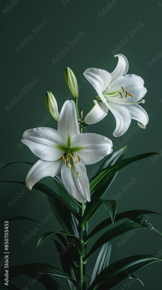 Naklejka premium Delicate white lilies set against a rich dark green background, emanating a sense of purity and tranquility. Floral background.